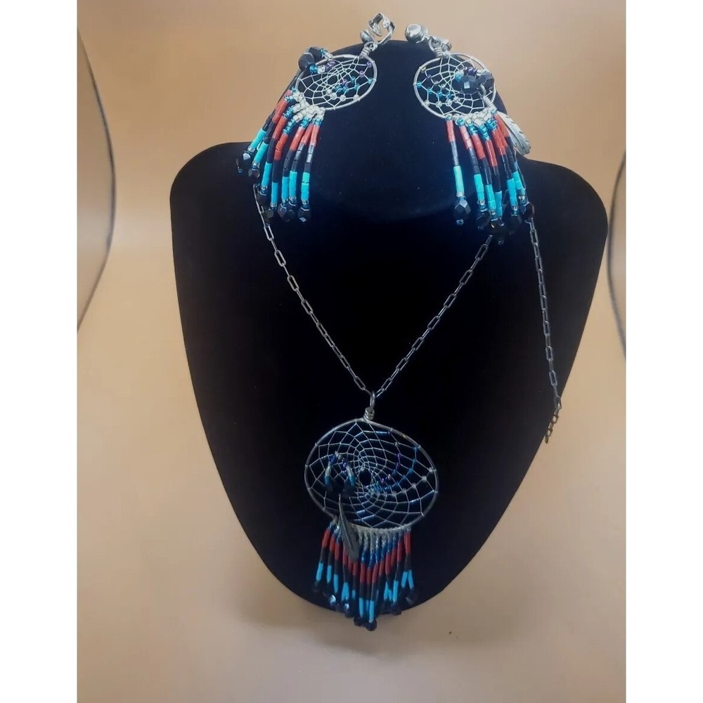 Handmade Wire And Beaded Dreamcatcher Necklace And Clip On Earring Set